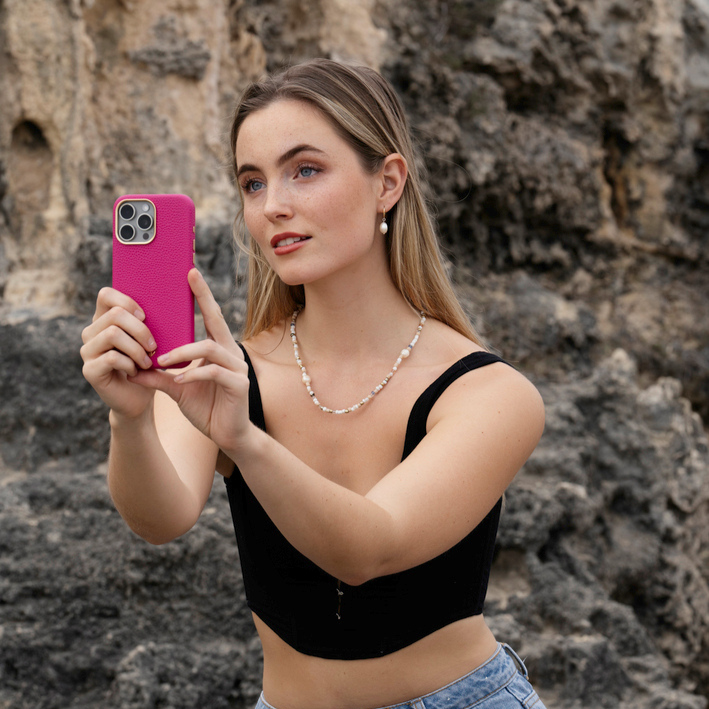 Coque en cuir pour iPhone 15, 15 Plus, 15 Pro, 15 Pro Max pour femme - Rose fushia