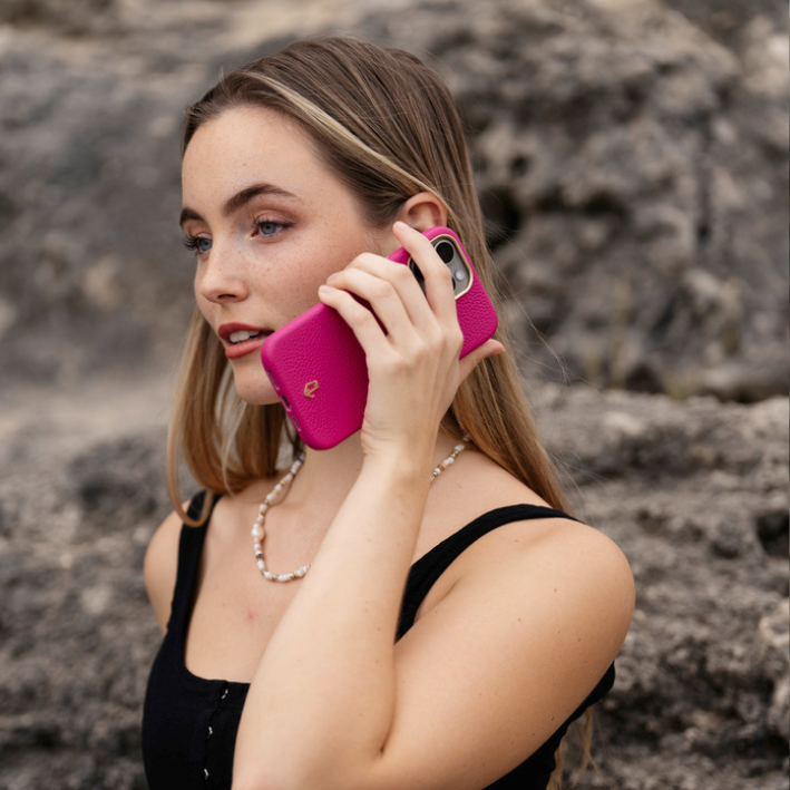 Coque luxe en cuir pour iPhone 15, 15 Plus, 15 Pro, 15 Pro Max pour femme - Rose fushia
