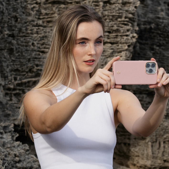 Coque luxe en cuir pour iPhone 15, 15 Plus, 15 Pro, 15 Pro Max pour femme - Rose nude